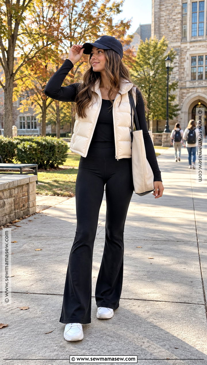 Flared Leggings and Puffer Vest Fall School Outfit - 20 fall baddie outfits for school