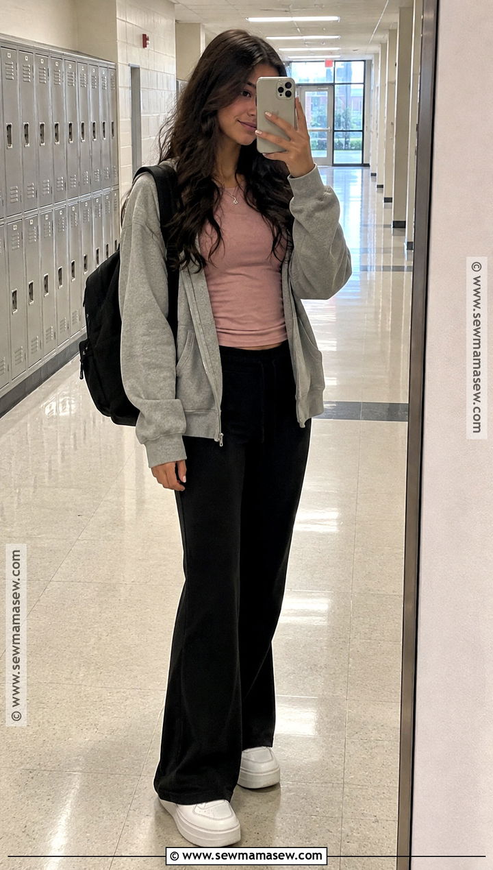 Flared Sweatpants With Zip Up Hoodie And Platform Sneakers - 15 sweatpants outfit for school fall ideas
