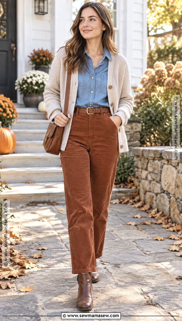 Flat Ankle Boots With Corduroy Pants And Chambray Shirt - 25 boots outfit fall