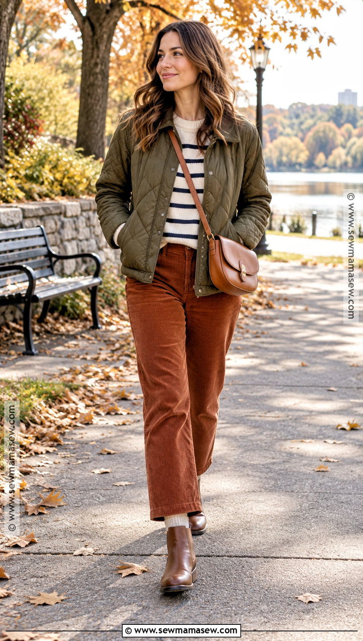Flat Booties With Corduroy Pants and Quilted Jacket - 15 bootie fall outfits