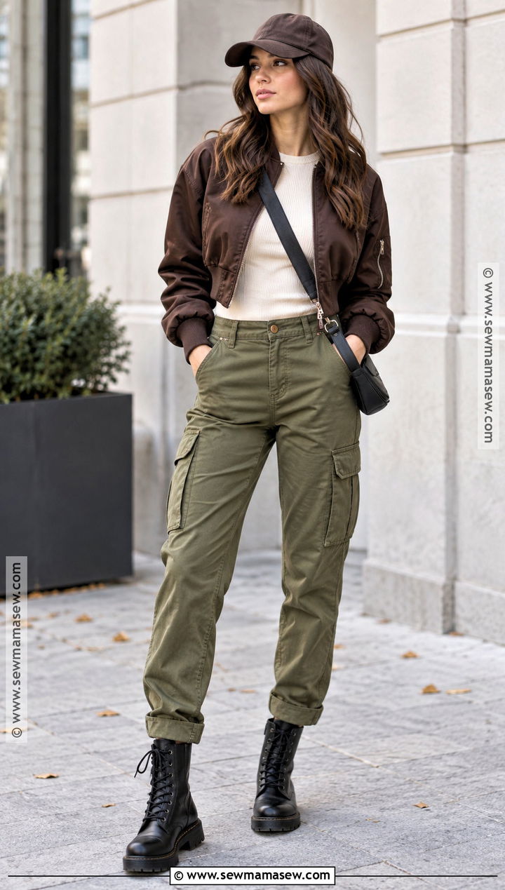 Flat Combat Boots With Cargo Pants And A Bomber Jacket - 15 Fall Flat Boots Outfit