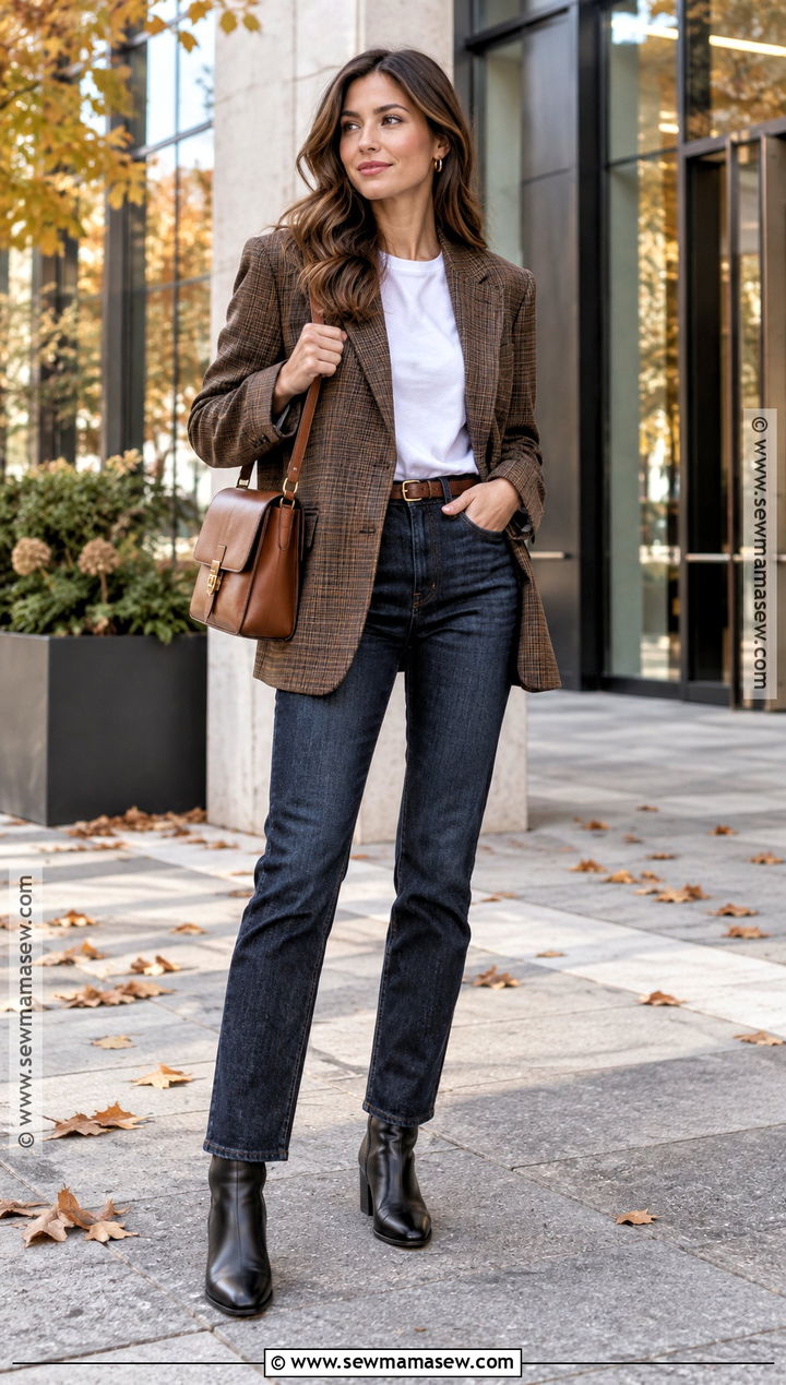 Flat Leather Ankle Boots With Plaid Blazer And Jeans - 15 comfortable ankle boots for fall