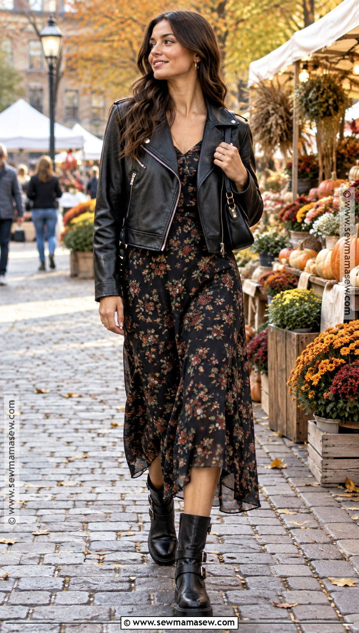 Flat Moto Boots With A Floral Midi Dress And Leather Jacket - 15 Fall Flat Boots Outfit