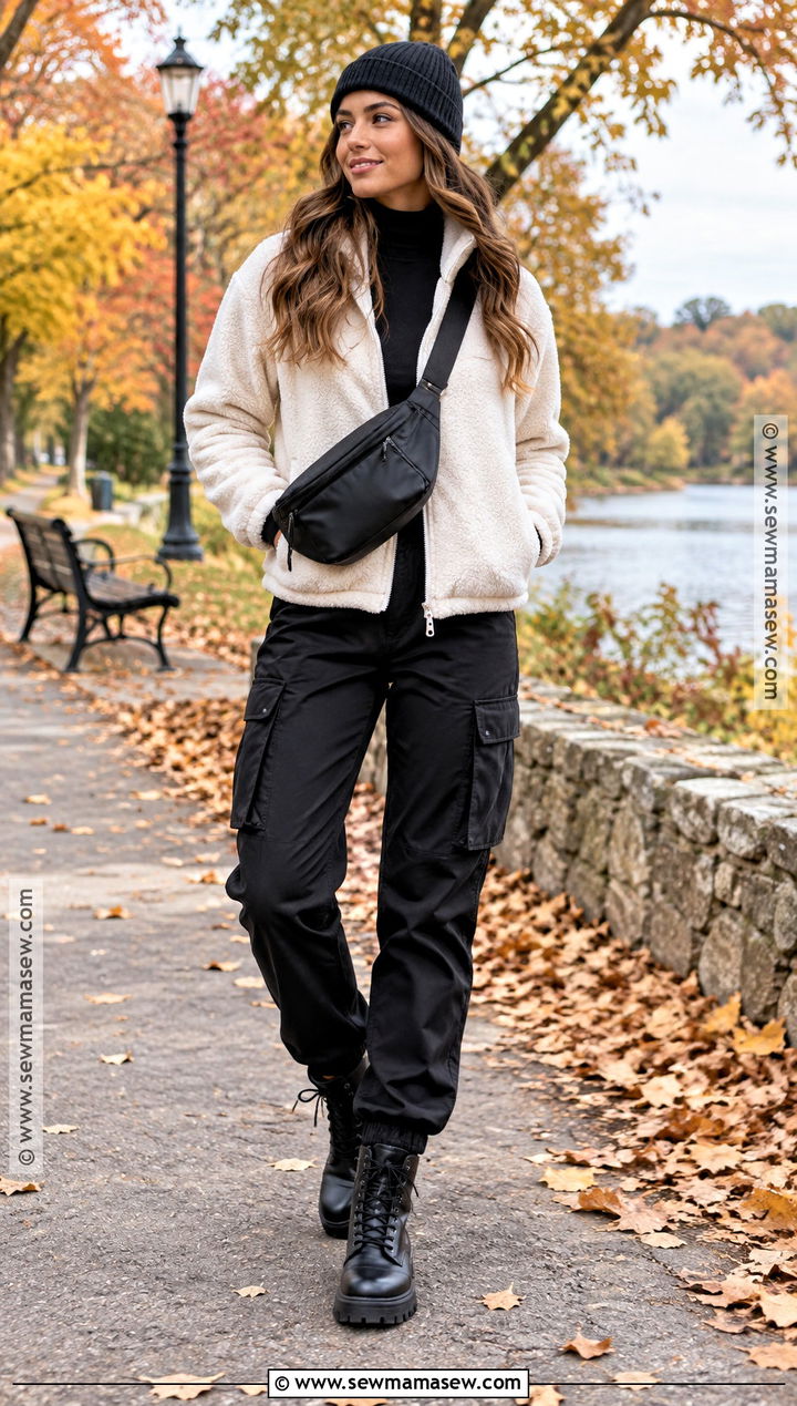 Fleece Jacket And Black Cargo Pants Cold Autumn Outfit - 25 cold autumn outfits