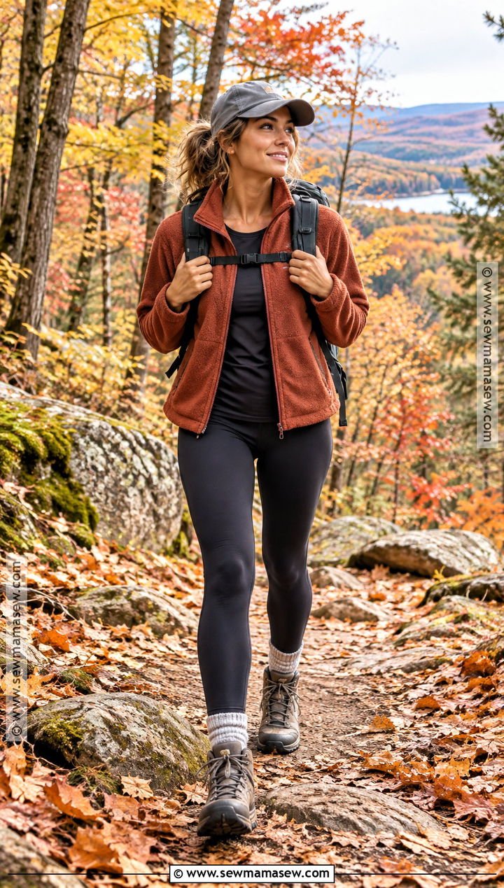 Fleece Jacket And Black Leggings Fall Hiking Outfit - 25 hiking outfit fall ideas