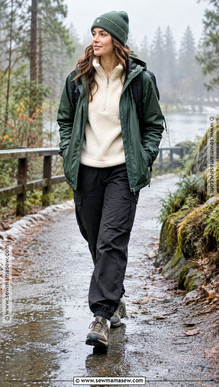 Fleece Jacket And Cargo Pants Outfit - 15 fall rainy day outfits comfy