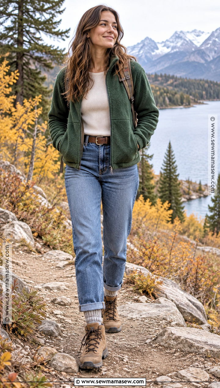 Fleece Jacket Relaxed Jeans and Hiking Boots - 20 Fall Boots Outfit Jeans