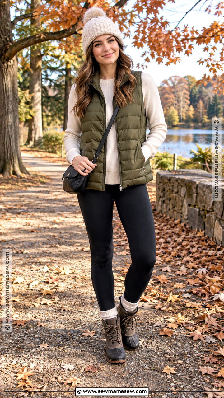 Fleece Lined Leggings And Puffer Vest Thanksgiving Outfit - 20 leggings thanksgiving outfit