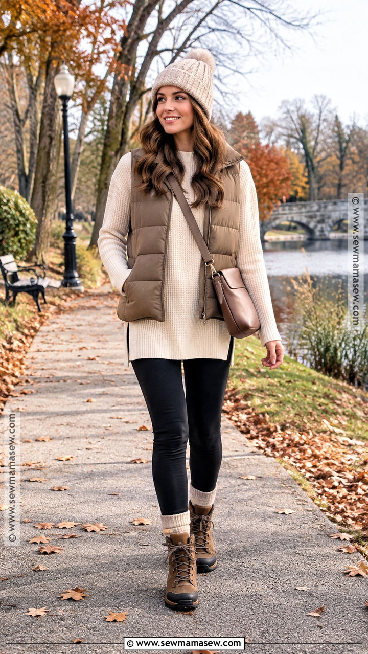 Fleece Lined Leggings With Puffer Vest And Fall Boots - 20 leggings fall outfit casual