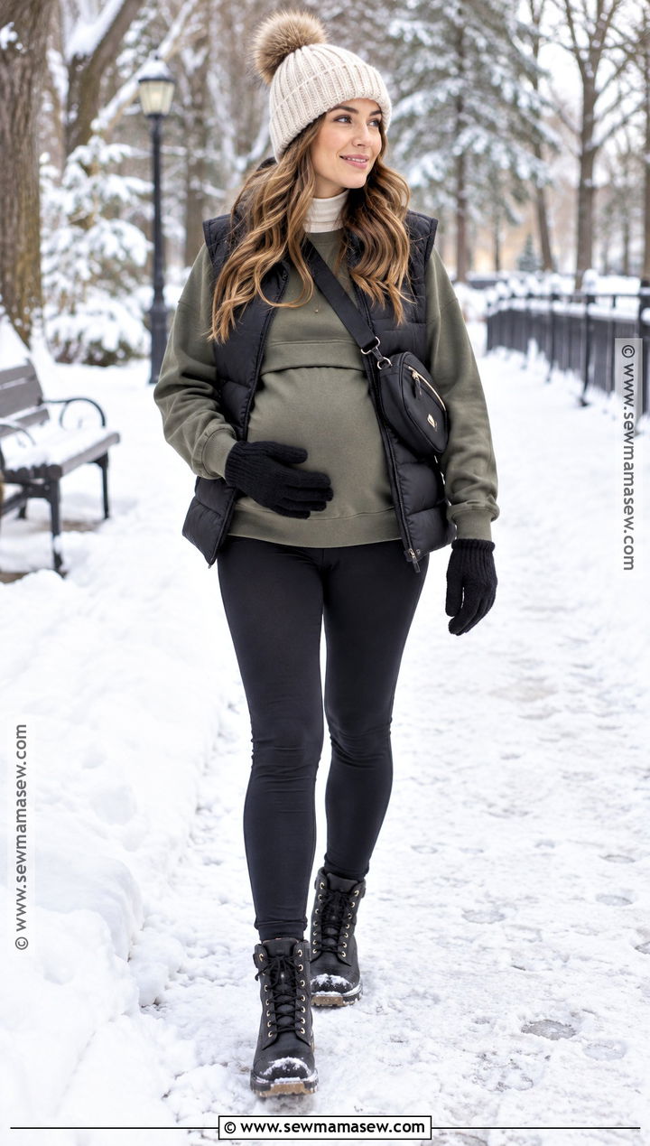 Fleece Lined Maternity Leggings With Puffer Vest - 15 fall winter maternity style ideas