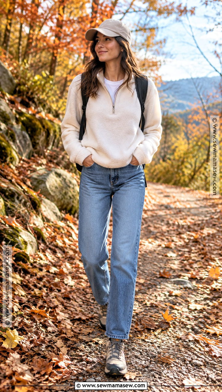 Fleece Pullover And Straight Jeans Autumn Outdoor Outfit - 20 autumn outdoor outfits