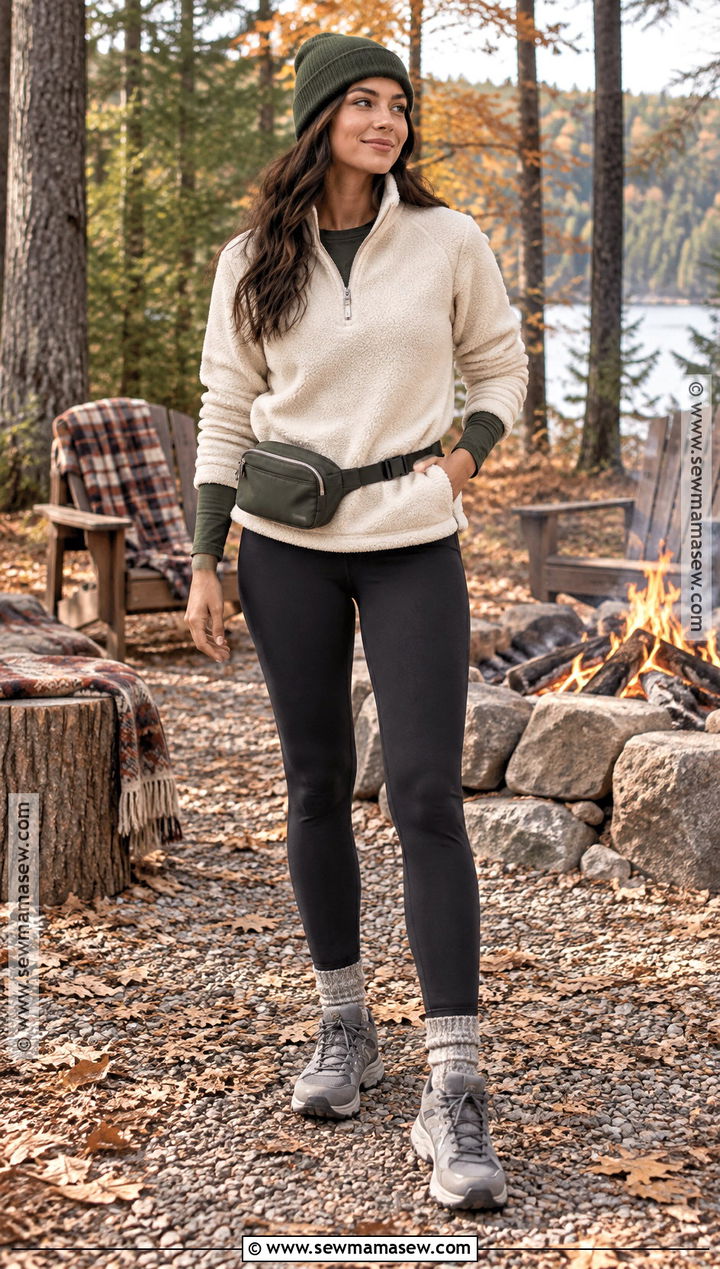 Fleece Pullover Bonfire Outfit With Trail Sneakers - 20 bonfire outfit fall night ideas
