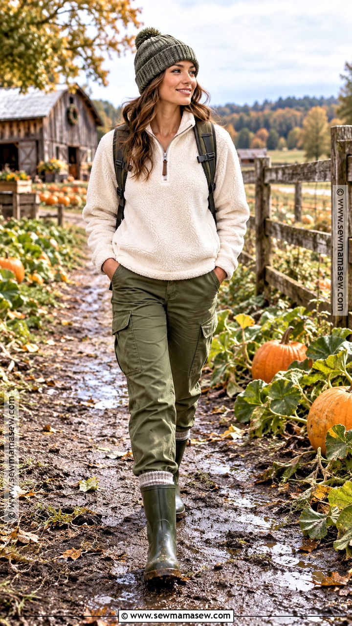 Fleece Pullover Farm Outfit With Cargo Pants And Rain Boots - 20 Fall Farm Outfits for Women