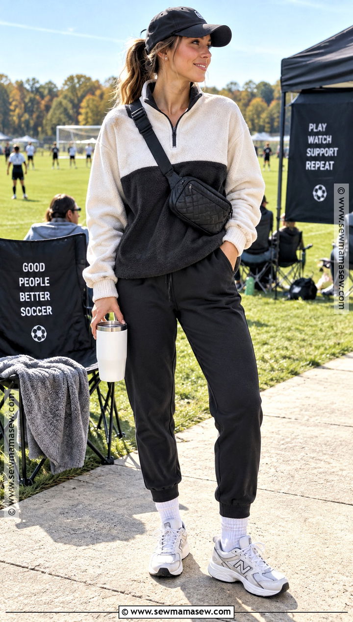 Fleece Pullover With Joggers And Running Shoes - 15 fall soccer game outfit ideas