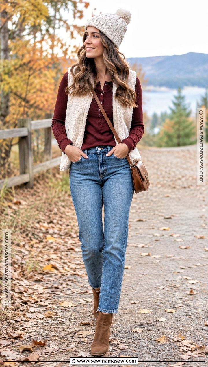 Fleece Vest With Henley Top And Straight Jeans - 15 Fall Vest Outfits for Women 2026