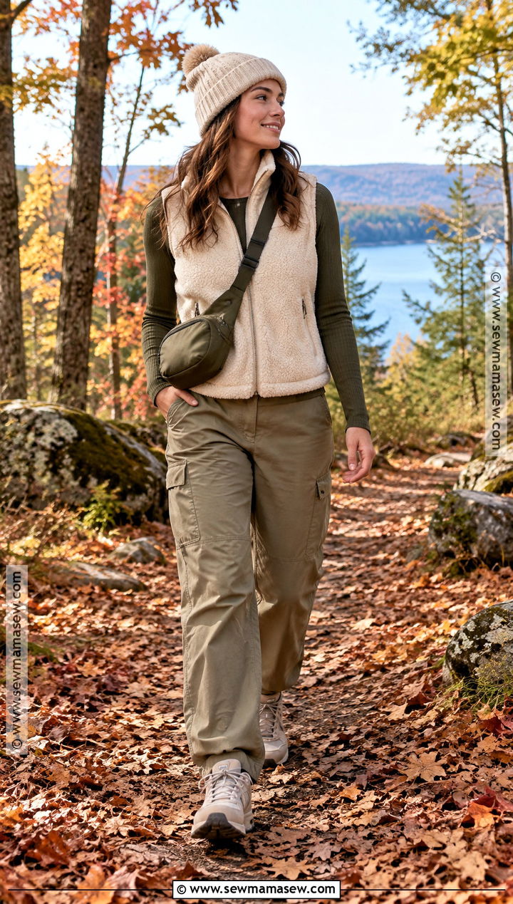 Fleece Vest With Thermal Top And Cargo Pants - 20 vest autumn outfit ideas