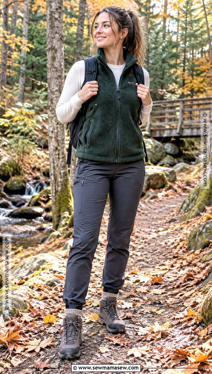 Fleece Vest With Thermal Top And Hiking Pants - 20 autumn vest outfit ideas
