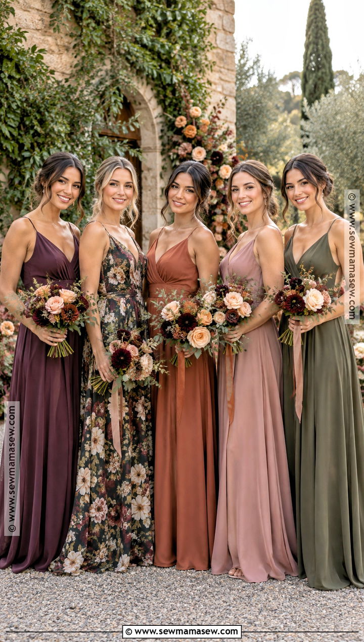 Floral And Solid Mismatch Bridesmaid Dresses - 15 Fall Mismatch Bridesmaid Dresses