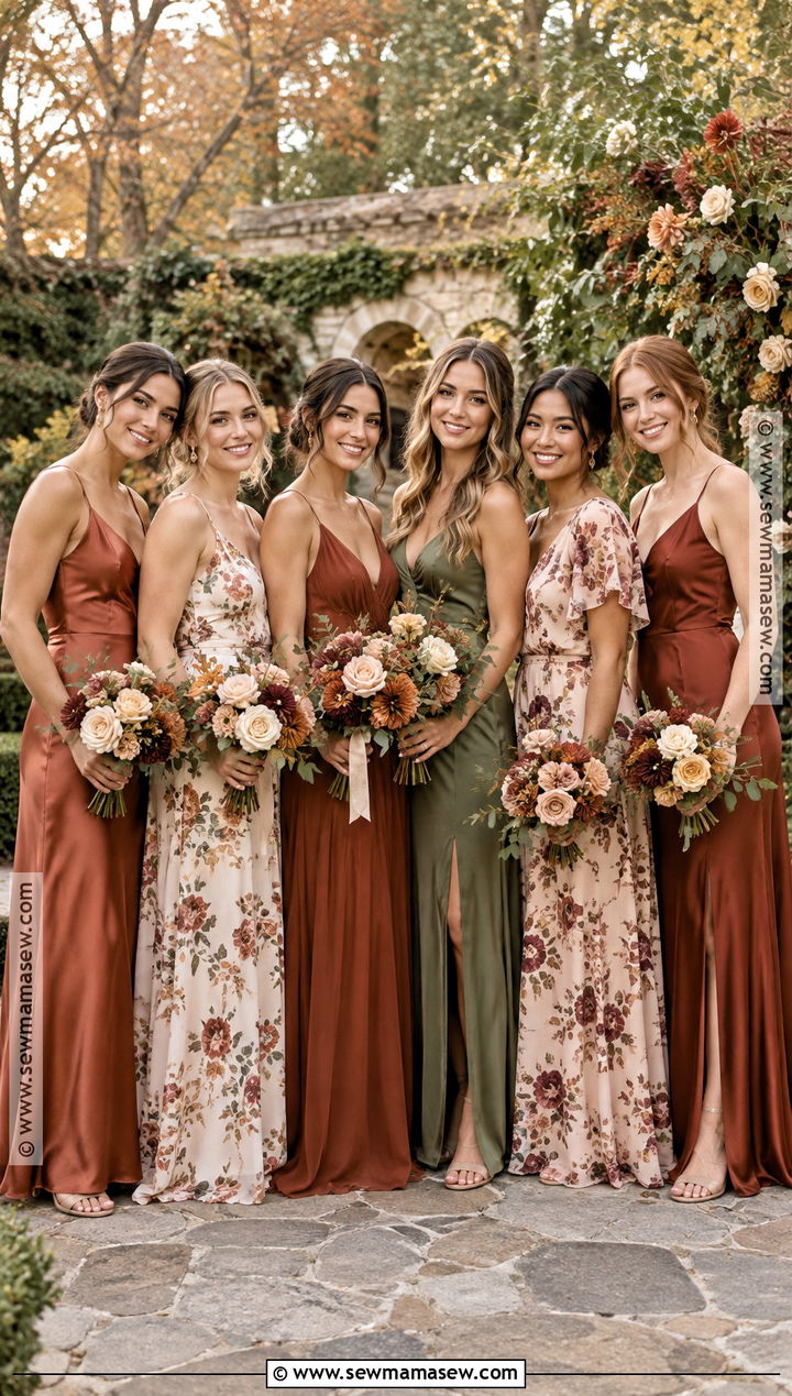 Floral And Solid Rust Mismatched Bridesmaid Dresses - 20 fall mismatched bridesmaid dresses