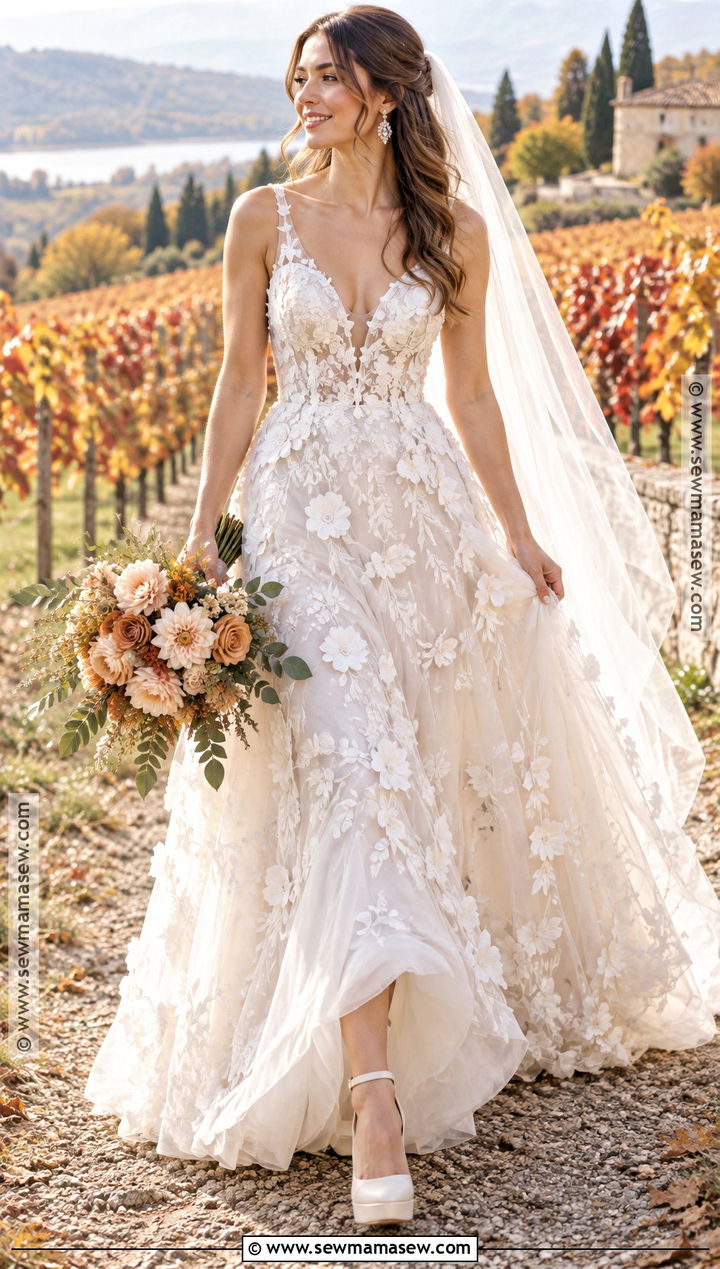 Floral Applique A Line Bridal Dress - 15 autumn bridal dress ideas