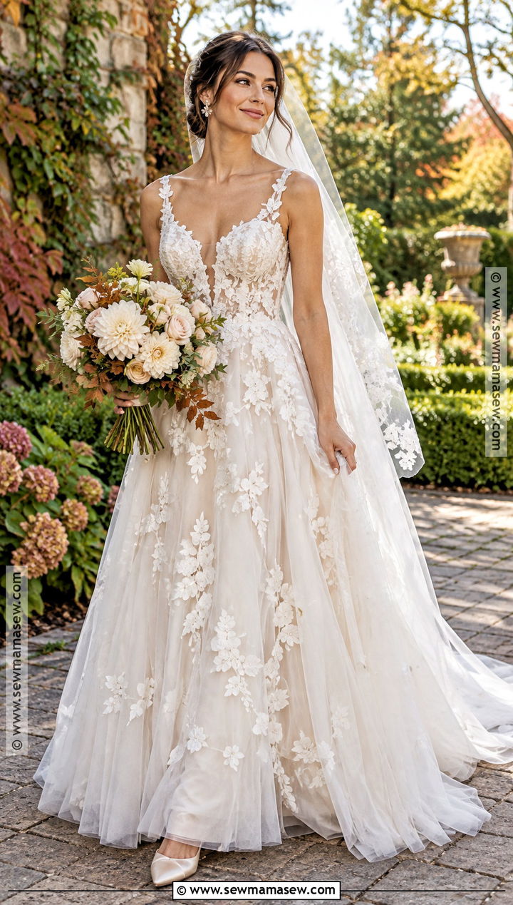 Floral Applique A Line Wedding Dress - 15 A Line Wedding Dress Fall Ideas