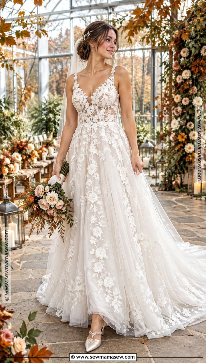 Floral Applique A Line Wedding Dress - 15 Fall A Line Wedding Dress Ideas