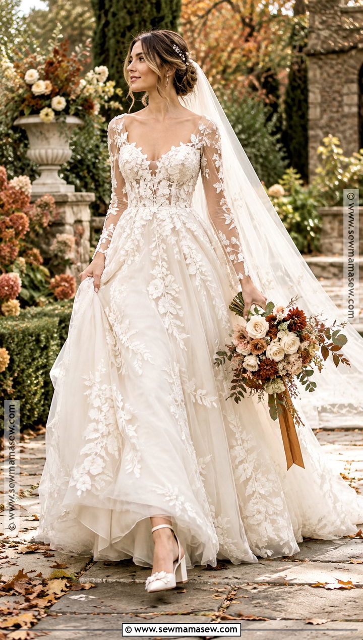 Floral Applique A Line Wedding Dress - 15 Fall Bride Wedding Dress Ideas