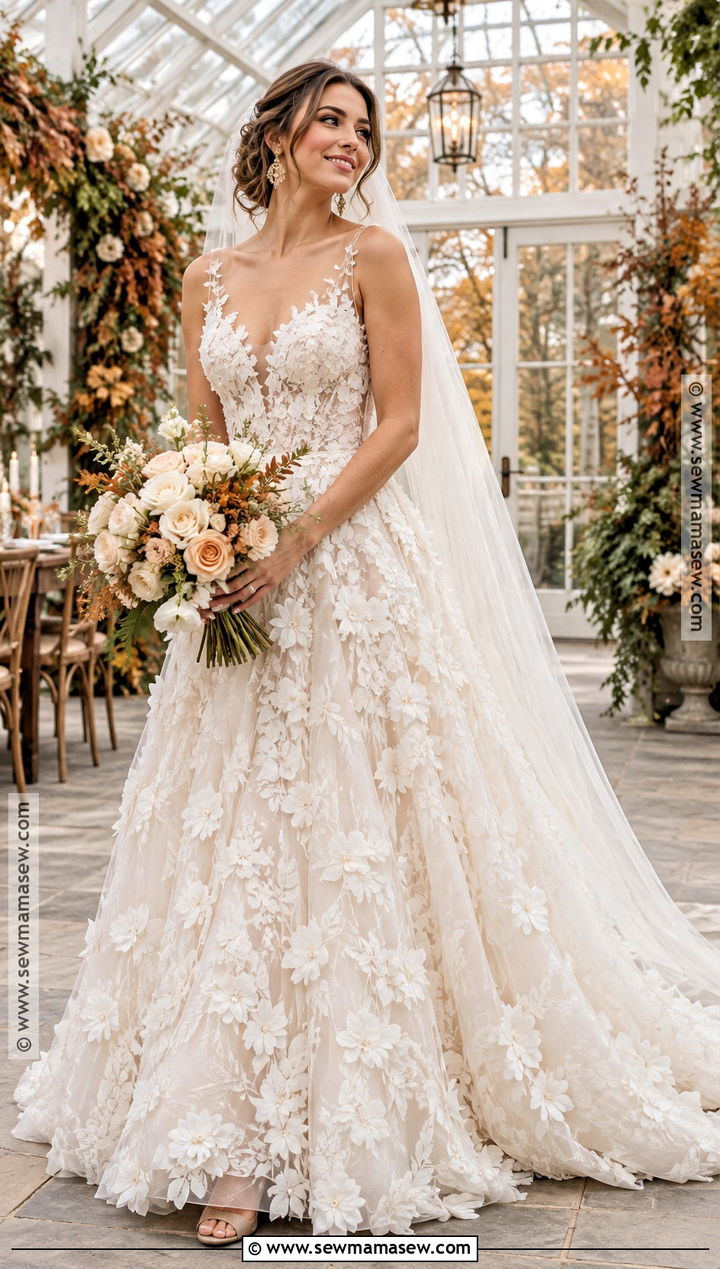 Floral Applique A Line Wedding Dress - 15 A Line Fall Wedding Dress Ideas
