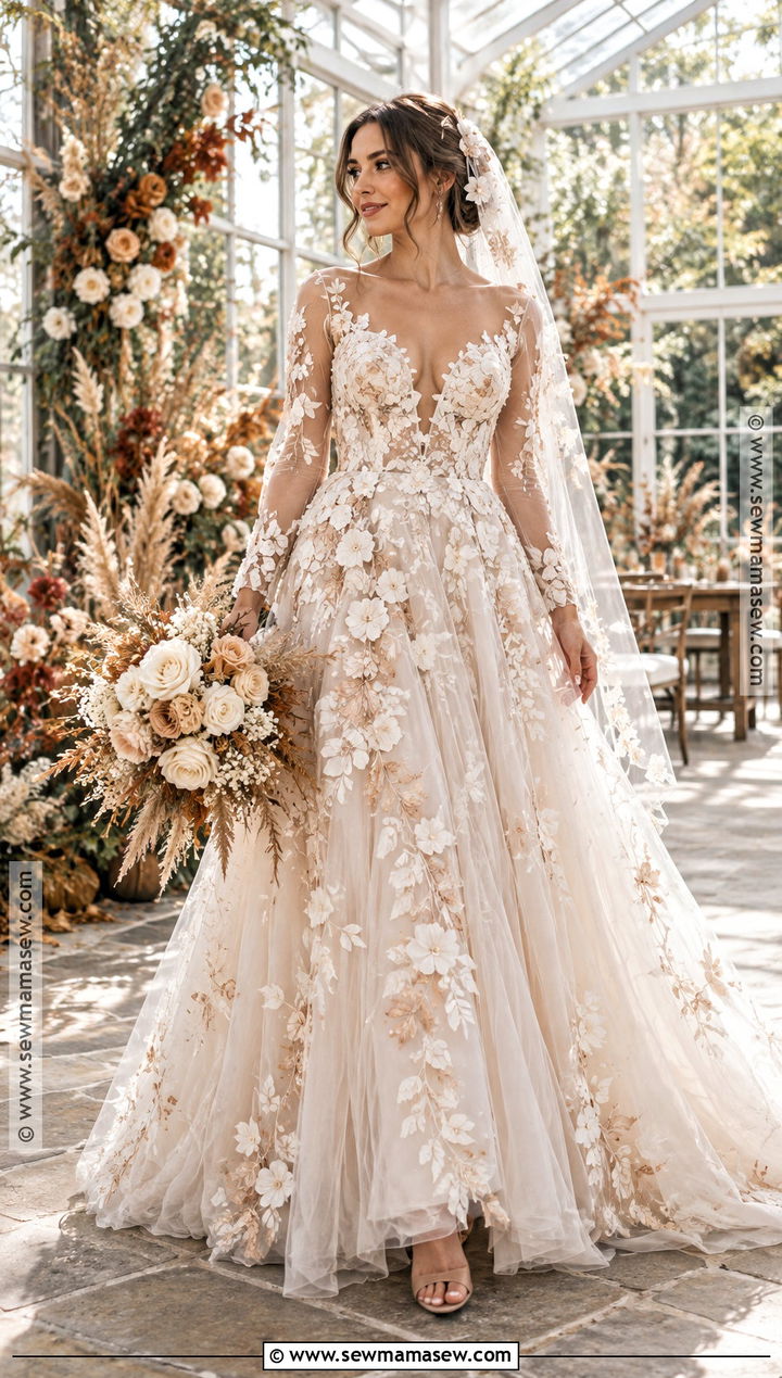 Floral Applique Autumn Wedding Dress - 20 wedding dress autumn ideas
