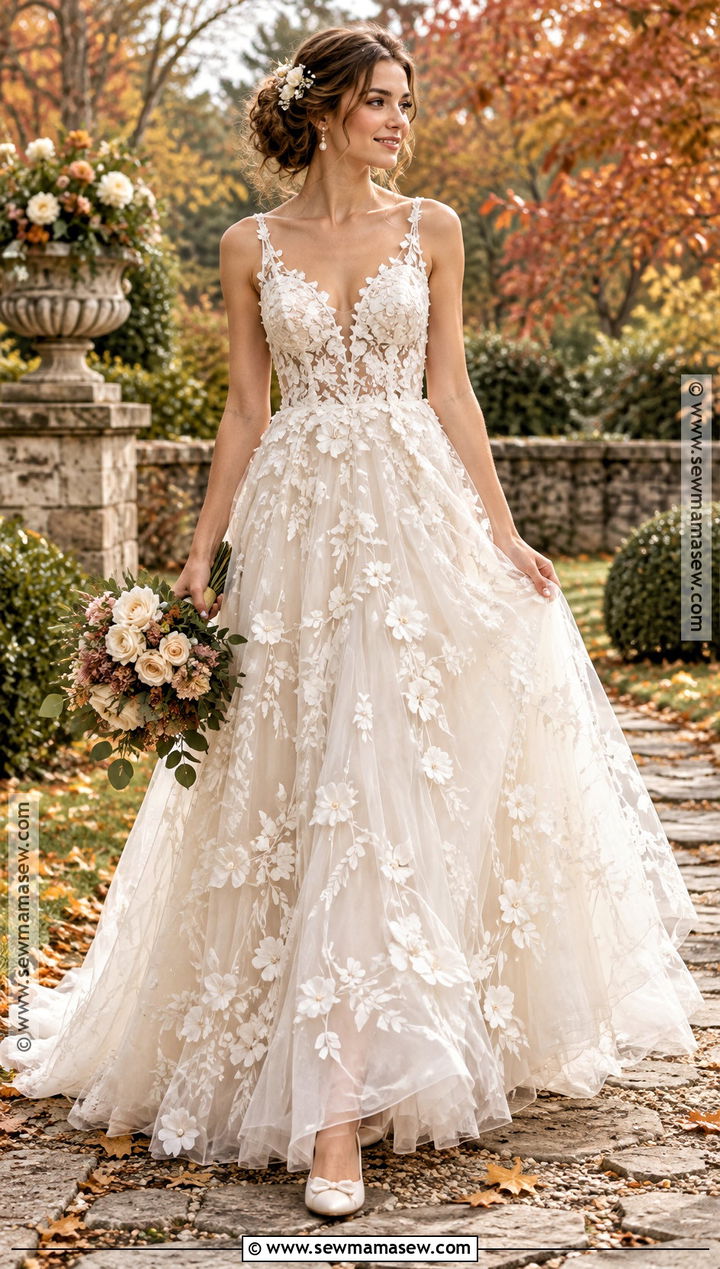 Floral Applique Boho Wedding Dress With A Tulle Skirt - 15 boho wedding dress fall ideas