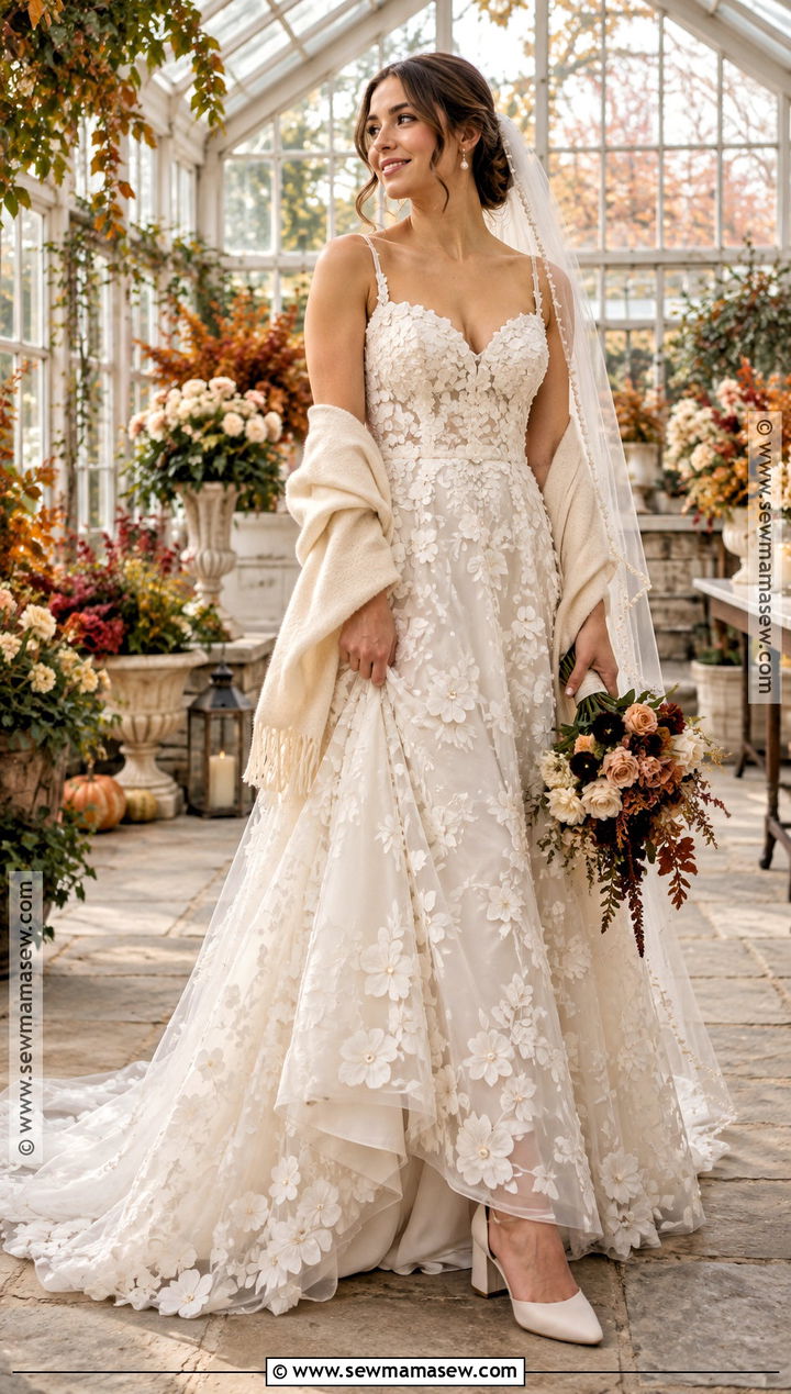 Floral Applique Bridal Gown With Pearl Accessories - 20 fall bridal outfits