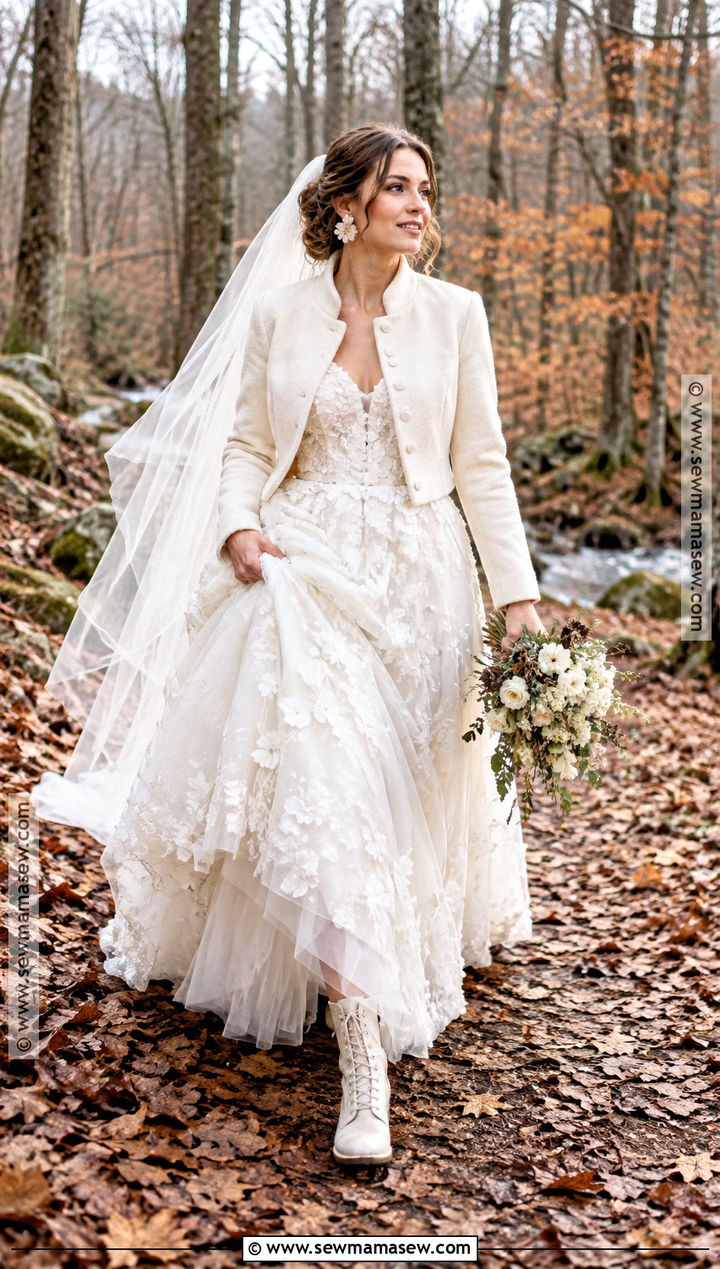 Floral Applique Elopement Dress With Boots - 15 November Elopement Dress Ideas