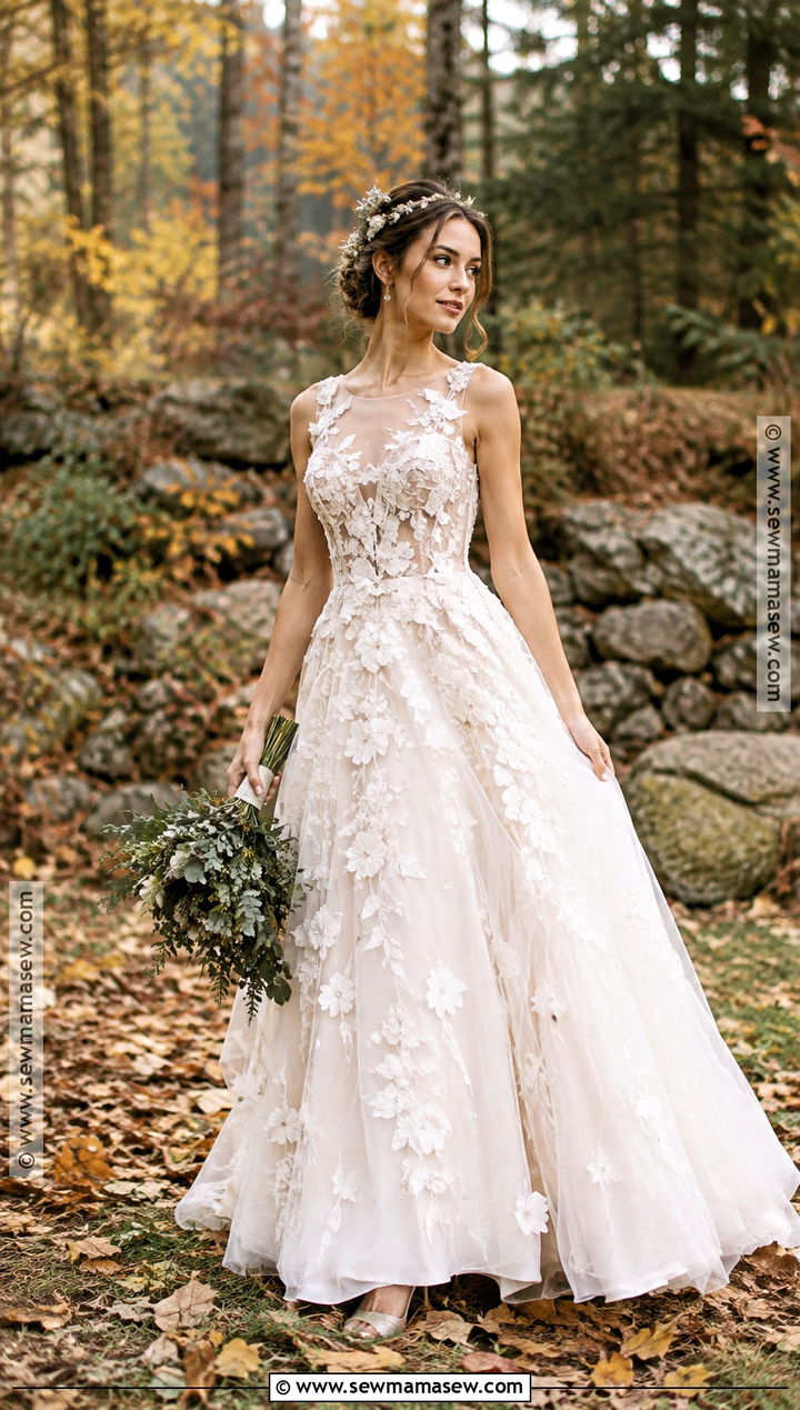 Floral Applique Fall Forest Wedding Dress - 15 fall forest wedding dress ideas
