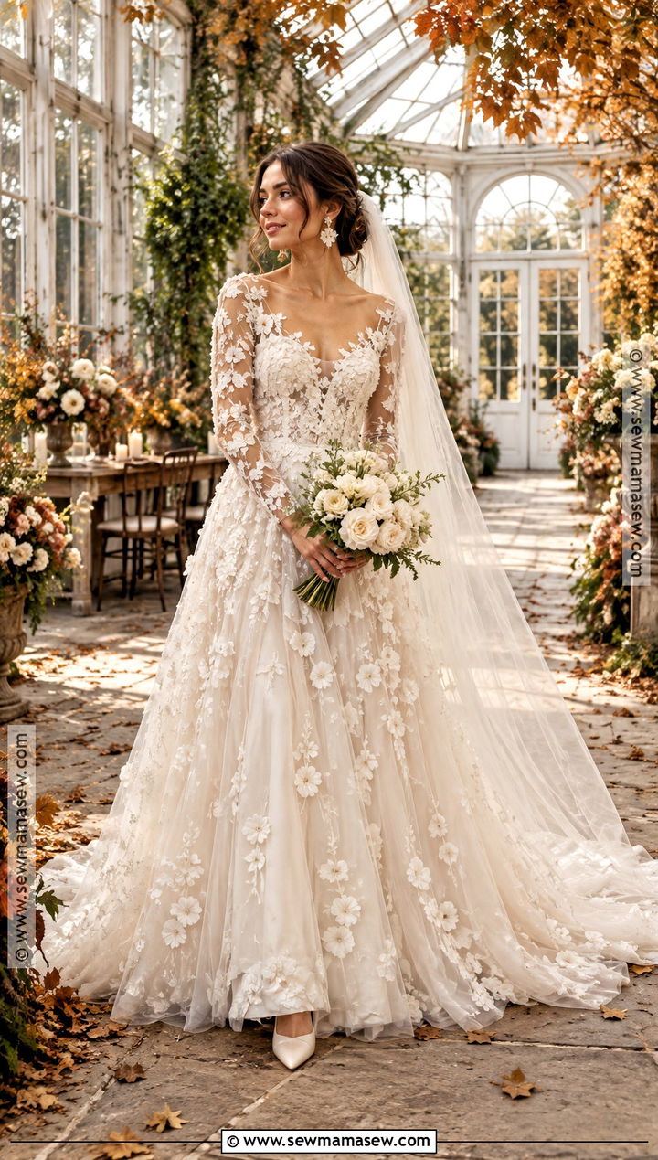 Floral Applique Fall Wedding Dress - 15 Fall Wedding Dress Styles