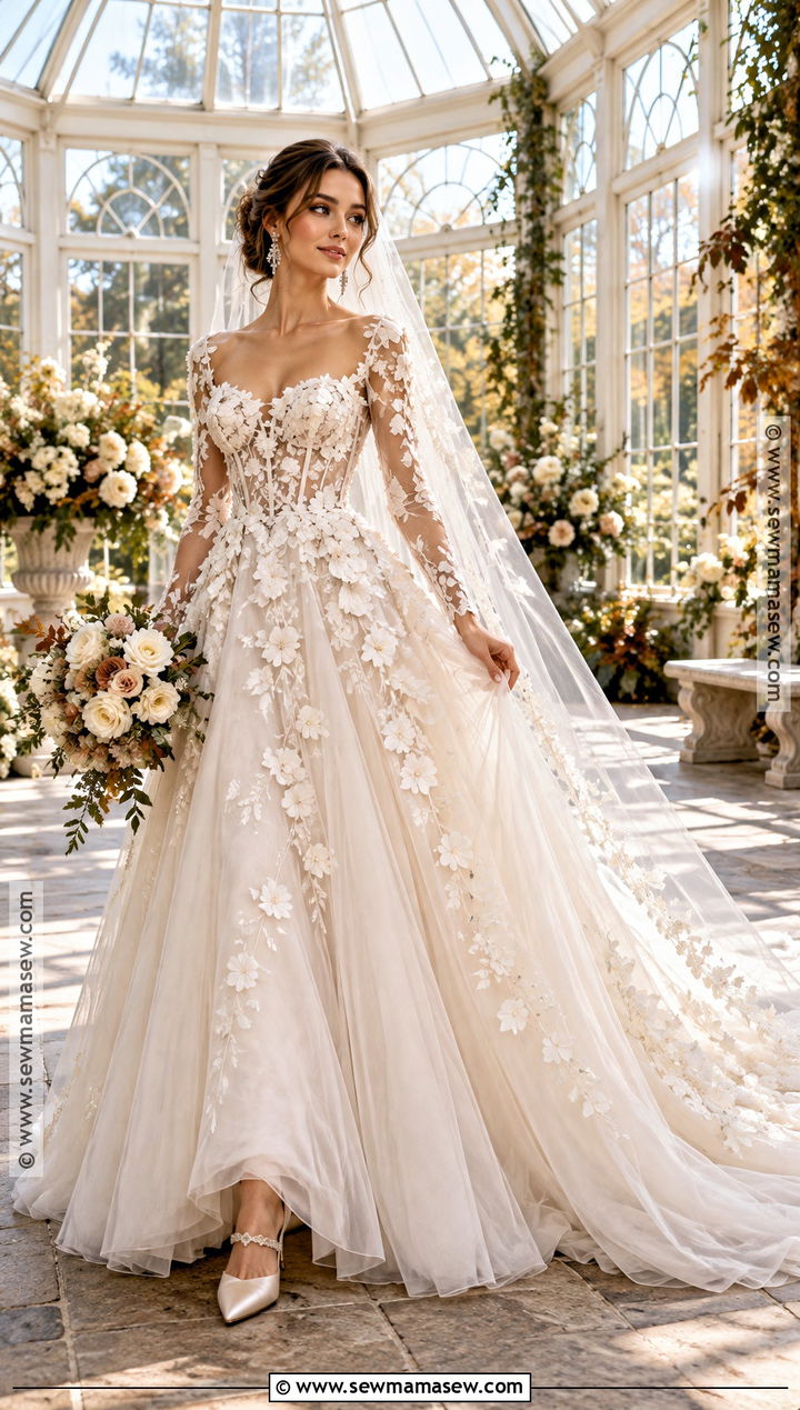 Floral Applique Fall Wedding Dress - 20 fall wedding dress ideas