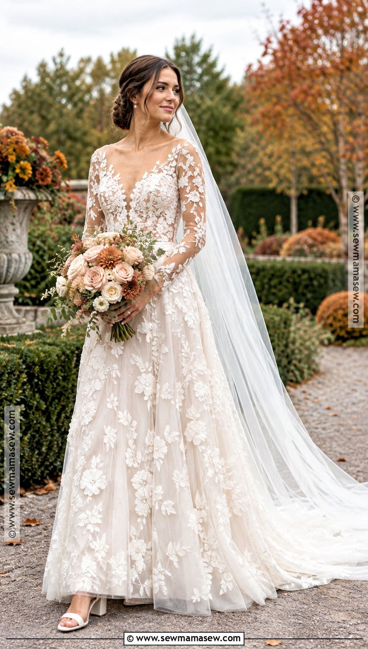 Floral Applique Fall Wedding Dress - 20 romantic fall wedding dress ideas