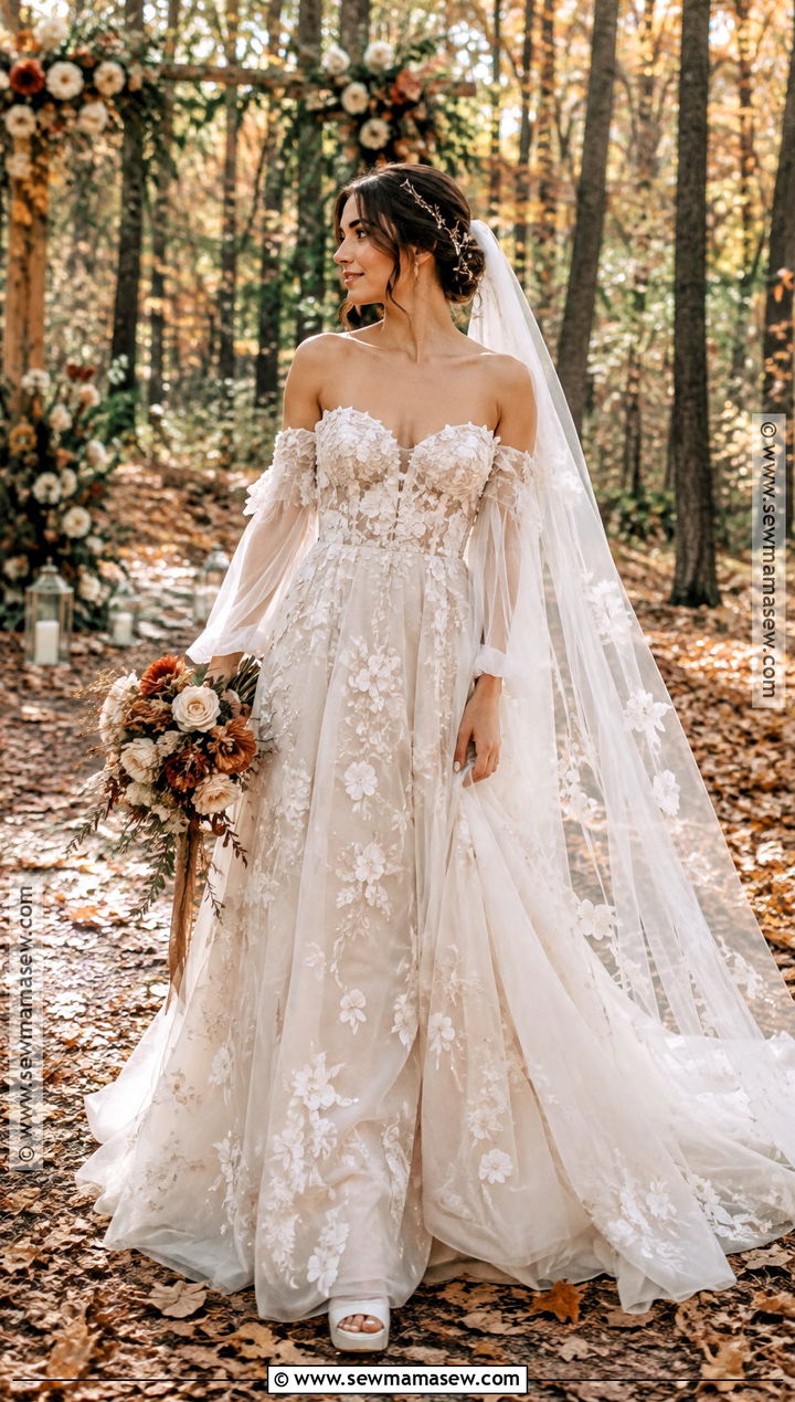 Floral Applique Fall Wedding Dress - 15 fall wedding dress ideas brides