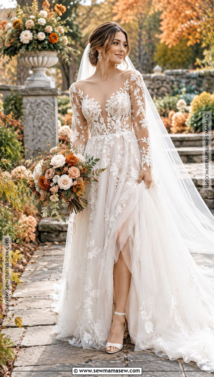Floral Applique Long Sleeve Wedding Dress - 15 fall long sleeve wedding dress ideas