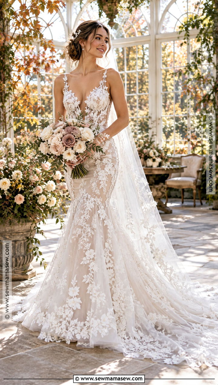 Floral Applique Mermaid Wedding Dress - 15 Fall Mermaid Wedding Dress Ideas