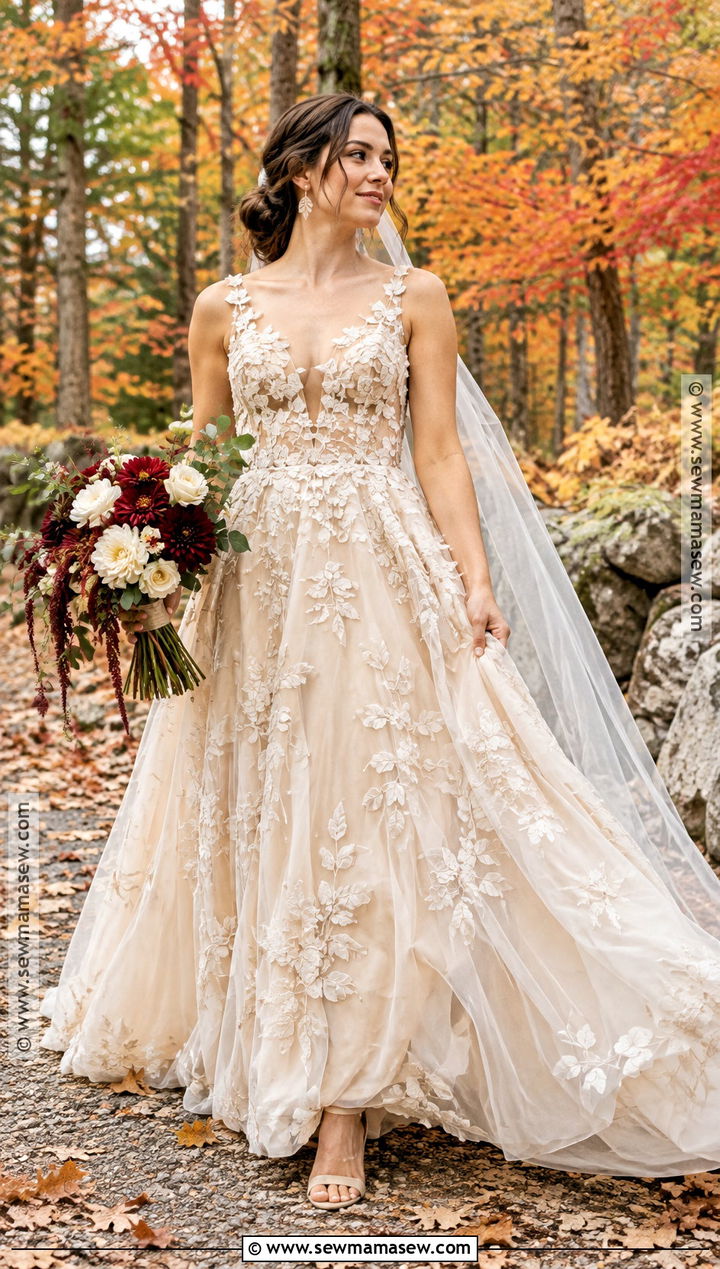 Floral Applique Rustic Fall Wedding Dress - 20 rustic fall wedding dress ideas