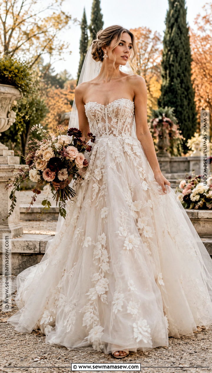 Floral Applique Tulle Fall Wedding Ballgown - 15 fall wedding dress ballgown ideas