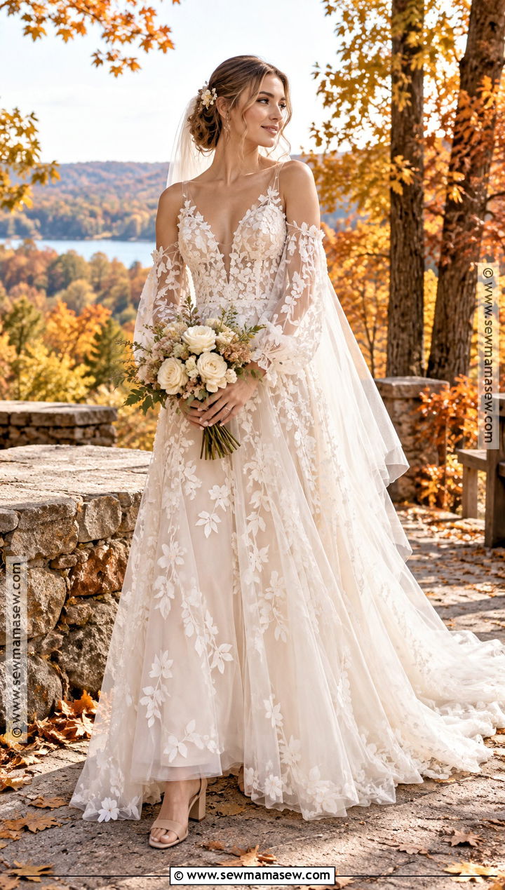 Floral Applique Tulle Fall Wedding Dress - 25 fall wedding dresses bride