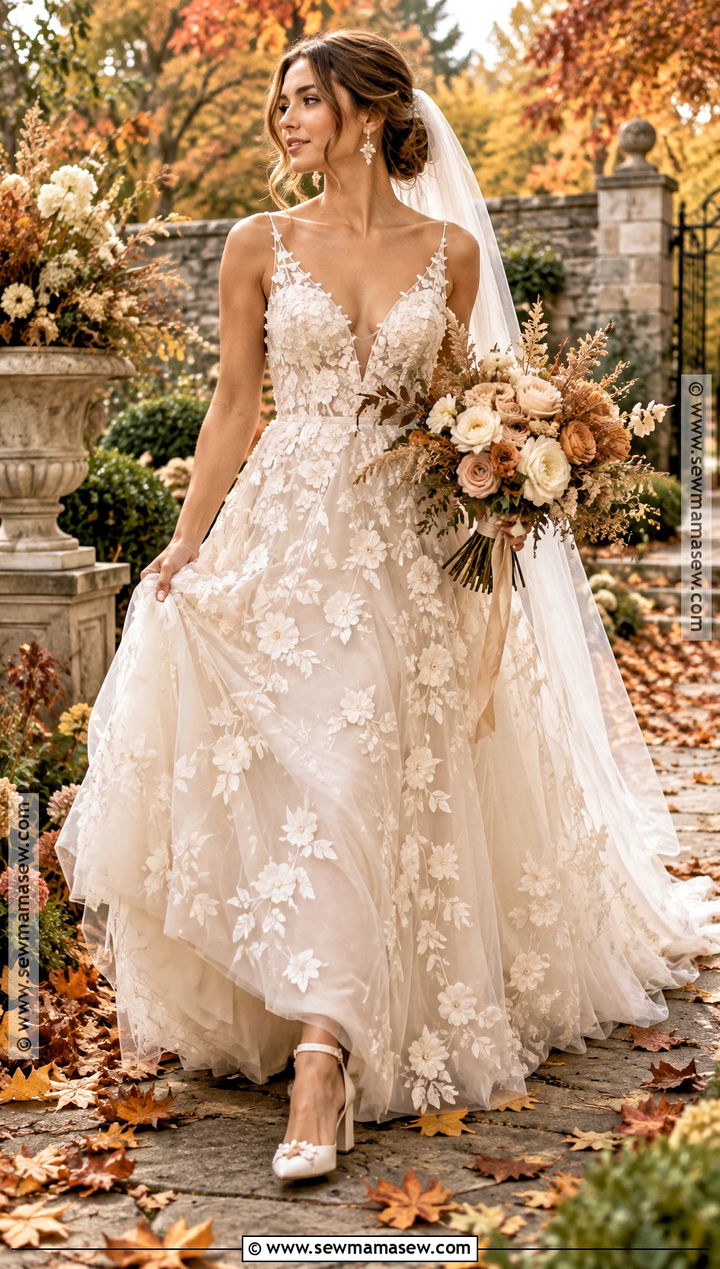 Floral Applique Tulle Fall Wedding Dress - 15 Fall Wedding Dress Bride Ideas