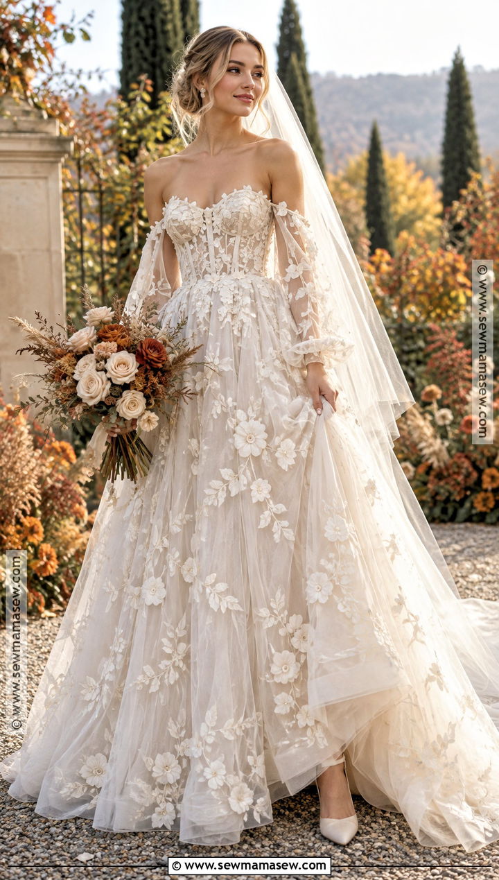 Floral Applique Tulle Fall Wedding Gown - 20 fall wedding gowns