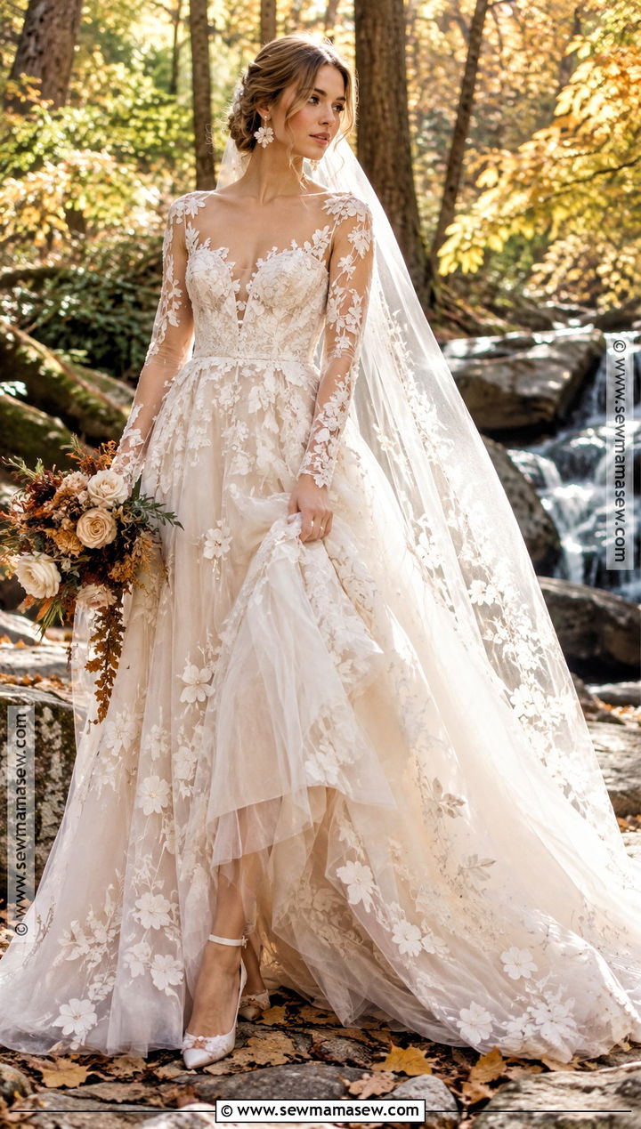 Floral Applique Tulle October Wedding Gown - 15 October Wedding Gowns