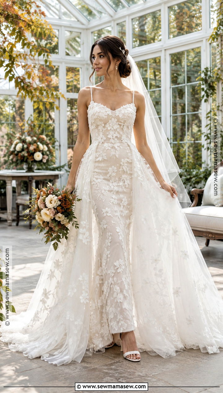 Floral Applique Wedding Dress With Overskirt - 15 Late Fall Wedding Dress Ideas