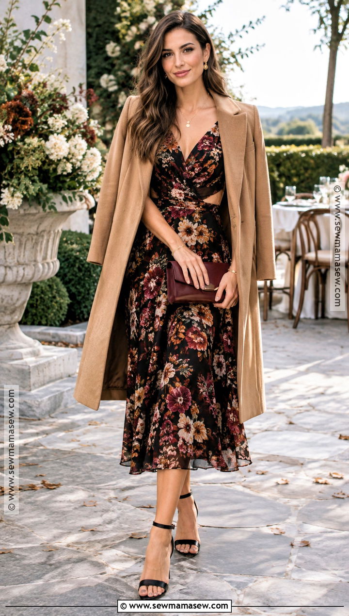Floral Autumn Midi Dress Outfit - 20 autumn cocktail outfit ideas