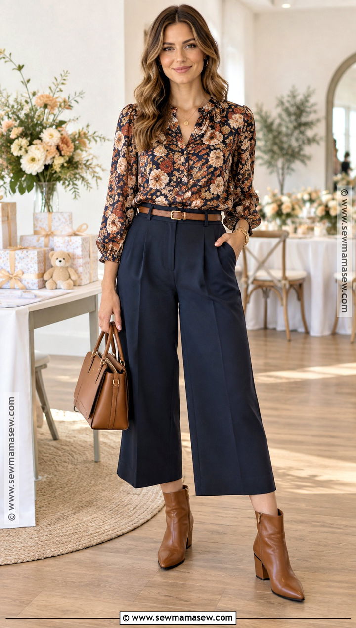 Floral Blouse And Culottes Fall Baby Shower Guest Outfit - 25 baby shower outfit for guest fall ideas