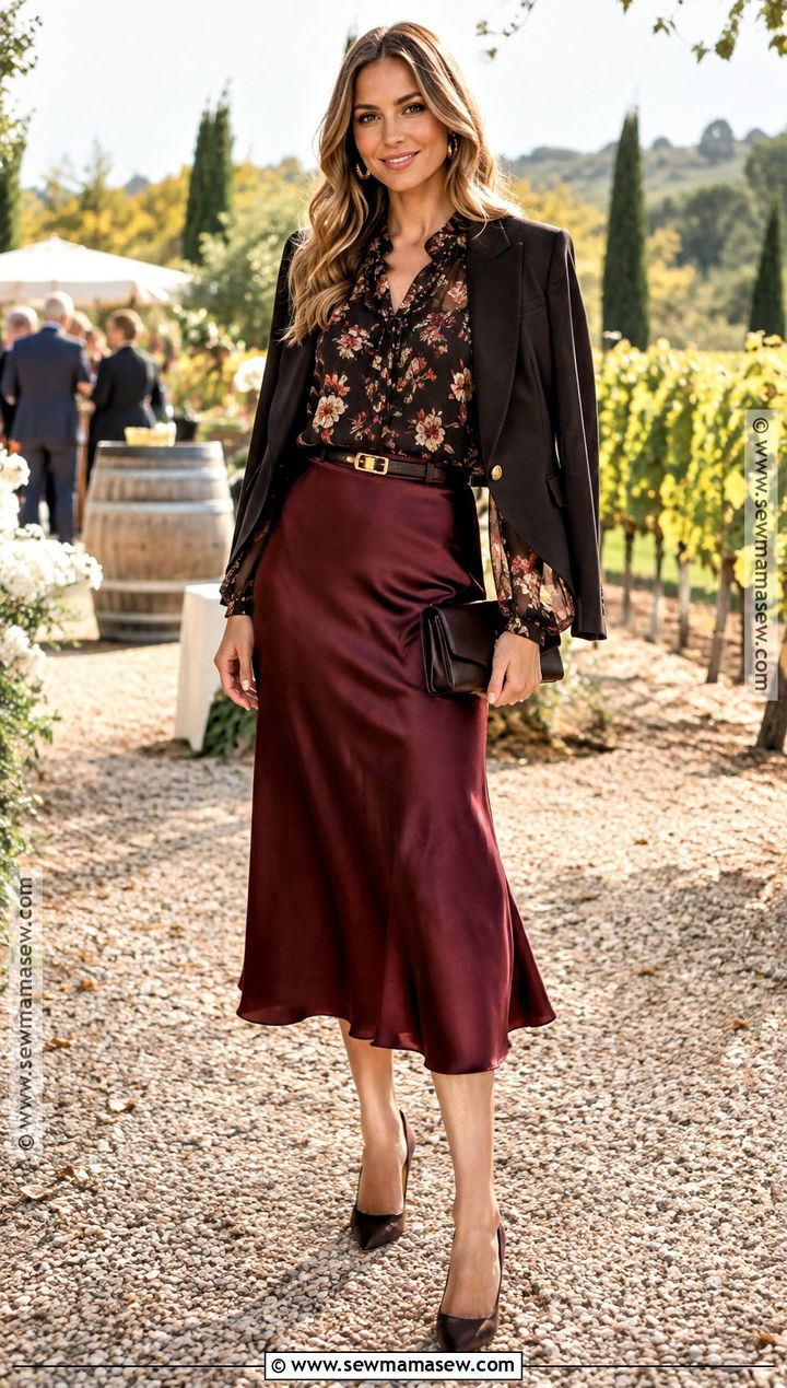 Floral Blouse And Satin Skirt Wedding Outfit - 15 fall wedding style ideas