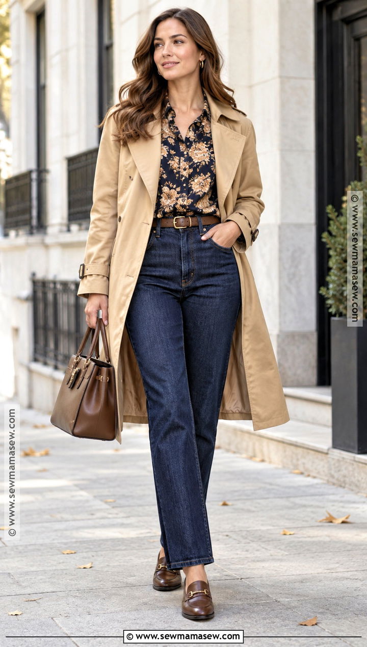 Floral Blouse With Straight Leg Jeans - 15 floral print fall outfit ideas